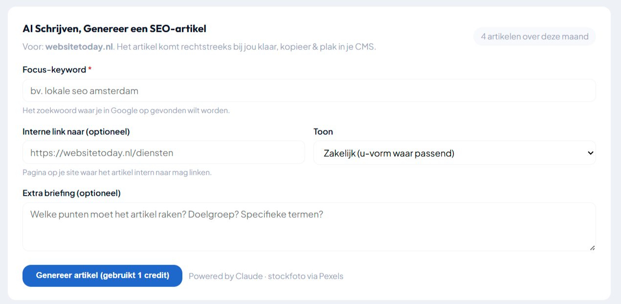 AI content writer formulier met focus-keyword en toon