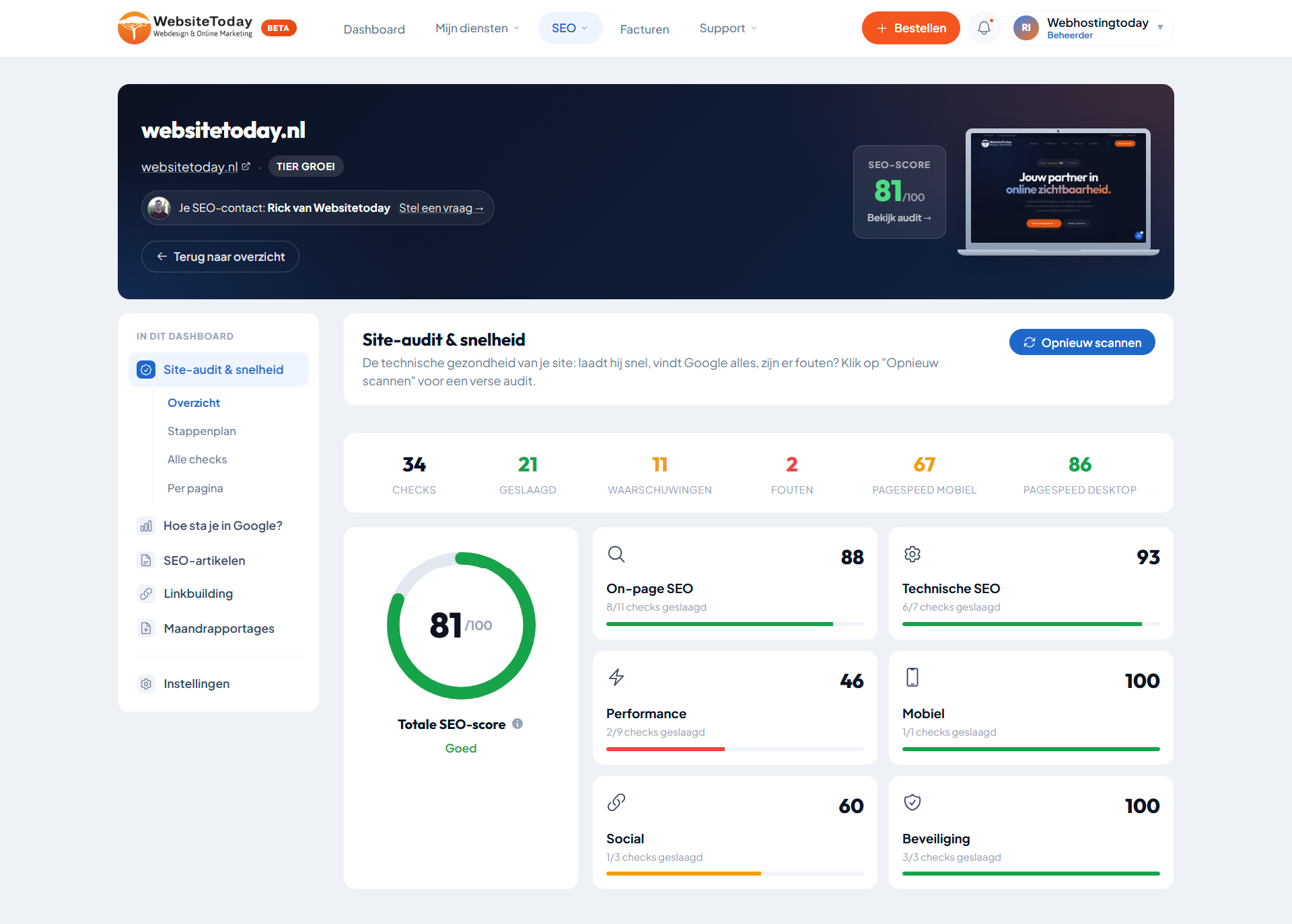 Het portaal-dashboard met SEO-score en checks