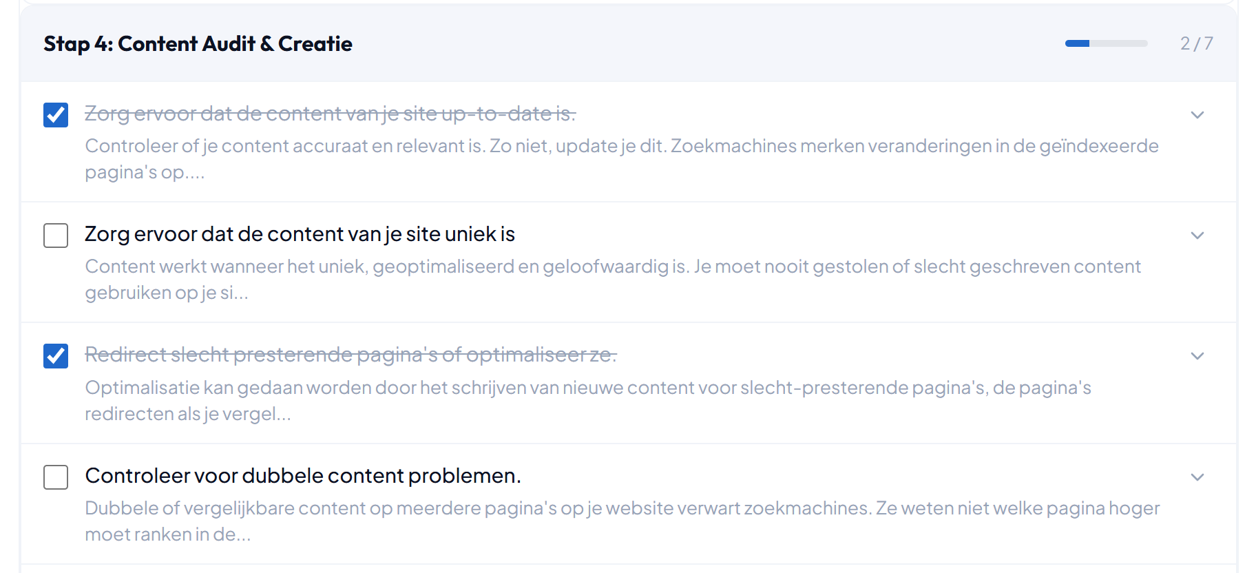 Marketing-plan met concrete SEO-taken en voortgang