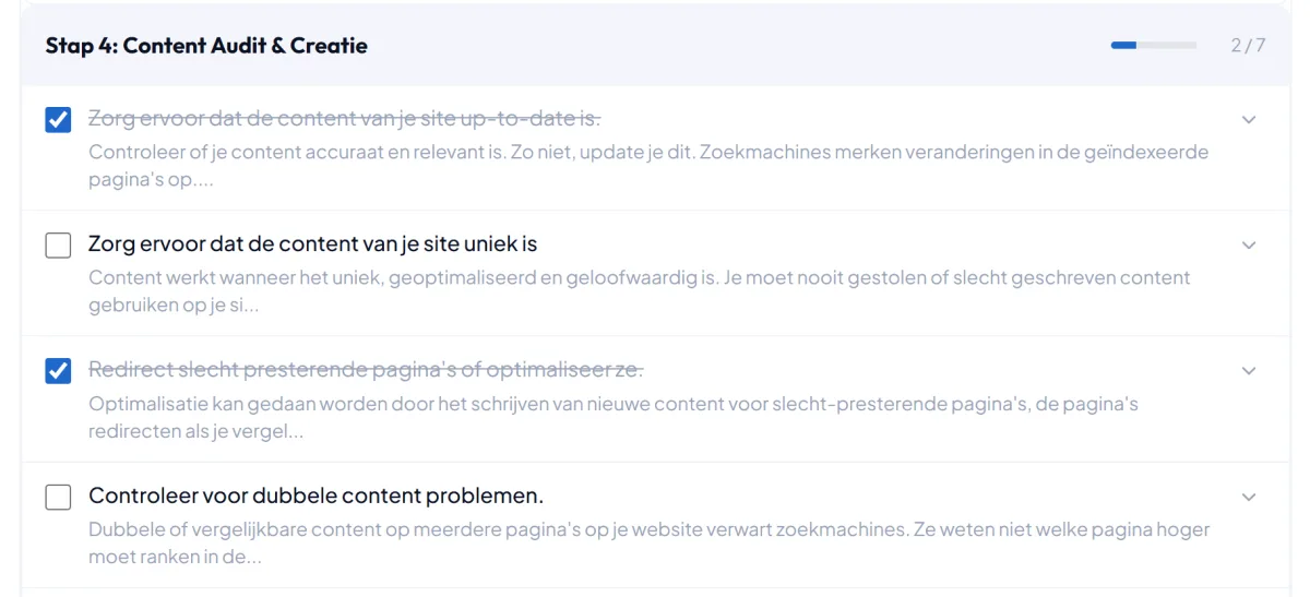 Marketing-plan met concrete SEO-taken en voortgang
